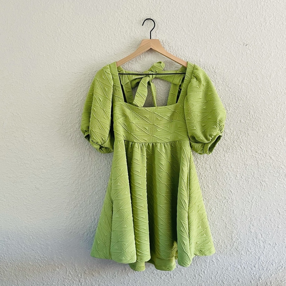 Free People Lime Green Textured Short Puff "Violet Mini Dress" Sz XS